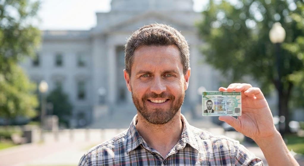 Man holding green card - Immigration success story
