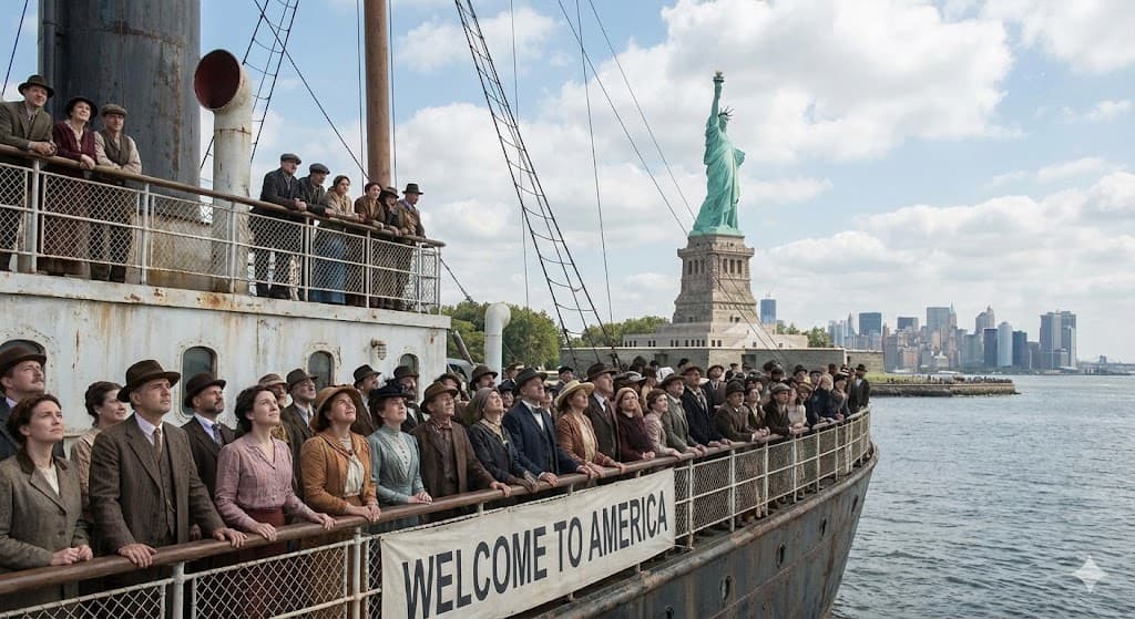 Immigrants arriving at Statue of Liberty - Welcome to America